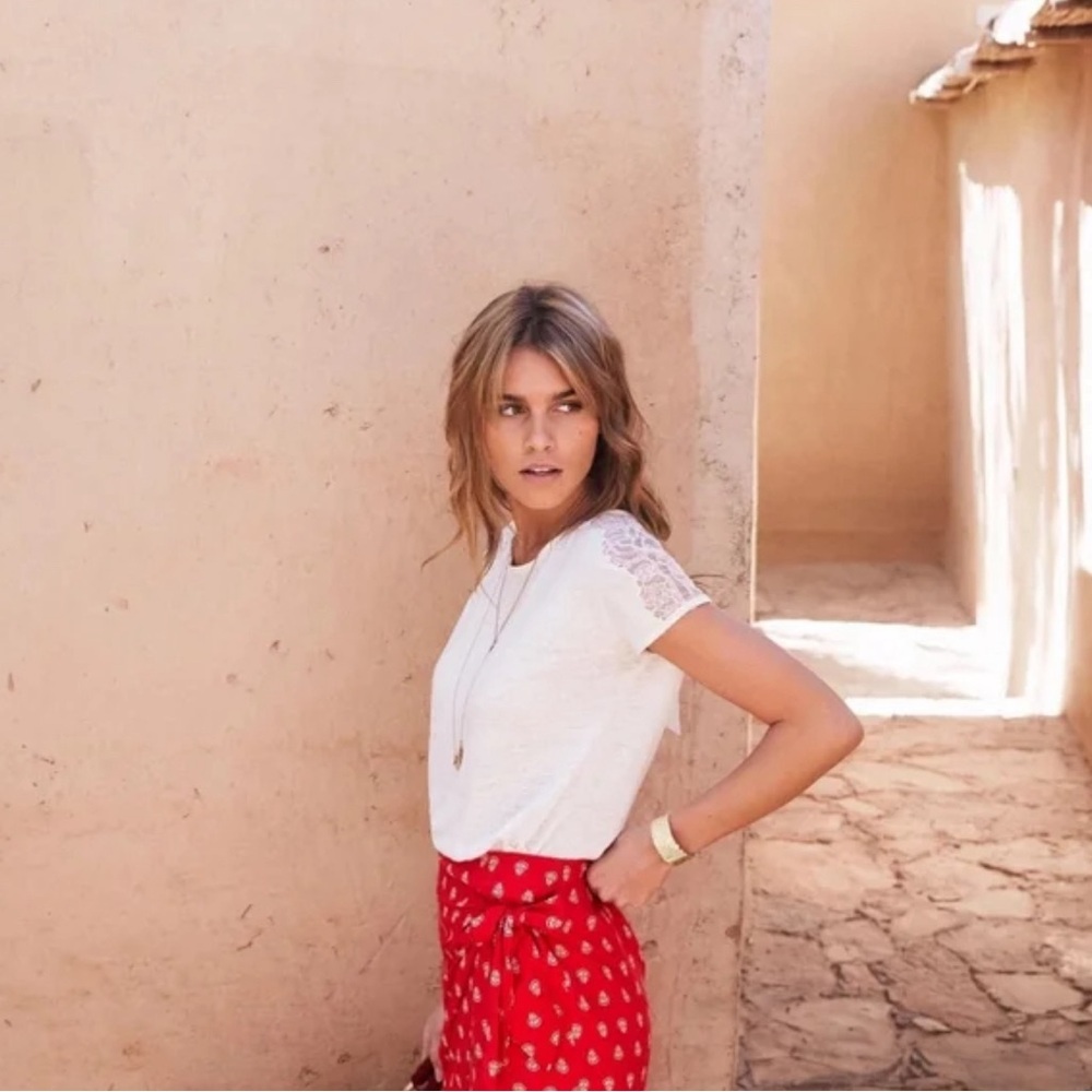 NWT Sezane Ecru Linen and Lace Short Sleeve Top - Picture 2 of 16
